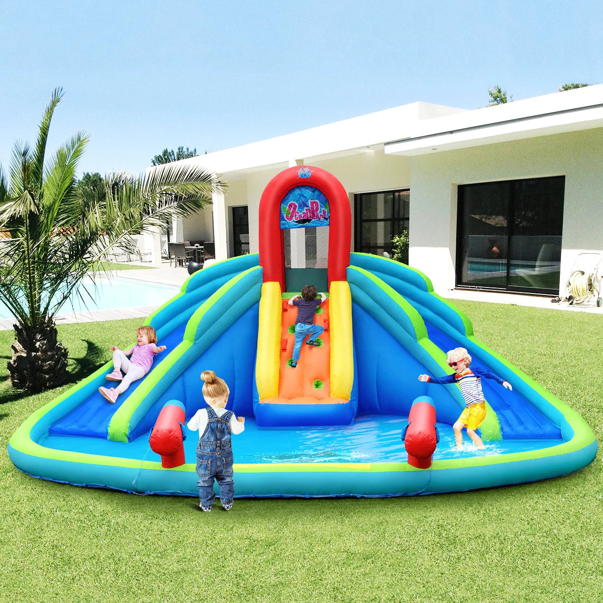 Inflatable Bounce House Kids Water Splash Pool Dual Slides