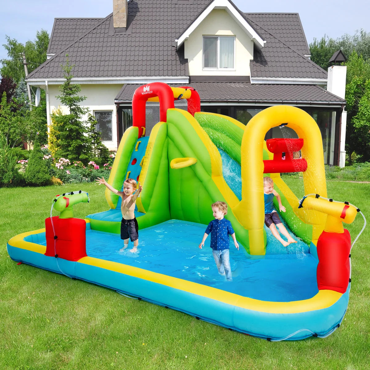 Outdoor Inflatable Splash Water Bounce Play Jump Slide w/480W Blower