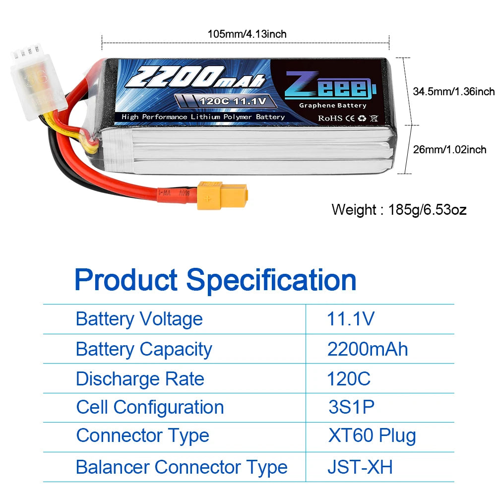 2pcs Zeee 3S 2200mAh Lipo Battery 11.1V 120C with XT60 Plug For FPV Drone Airplane RC Car Truck Graphene Boat RC Model Parts