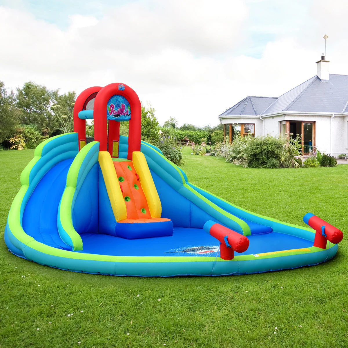 Inflatable Bounce House Kids Water Splash Pool Dual Slides