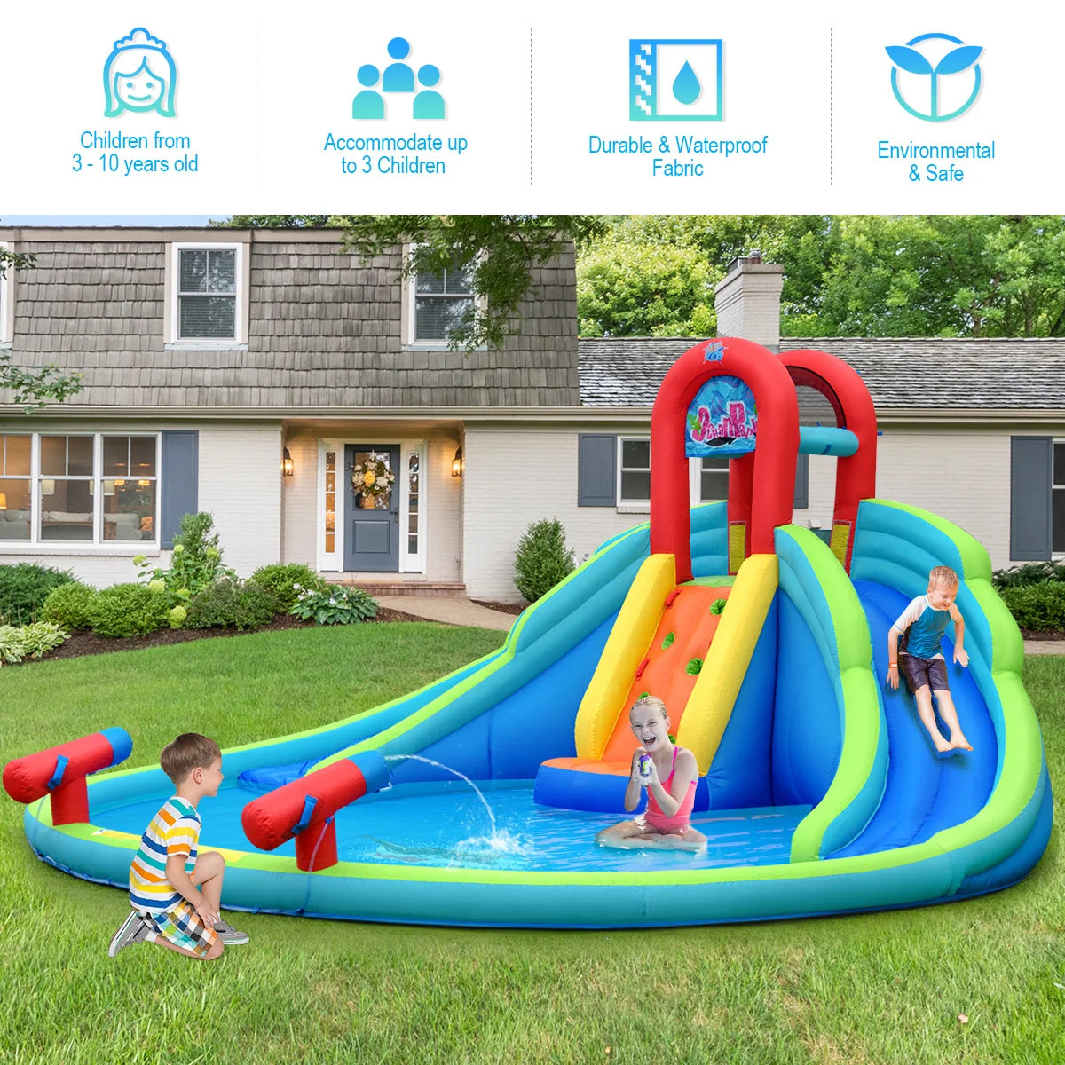 Inflatable Bounce House Kids Water Splash Pool Dual Slides