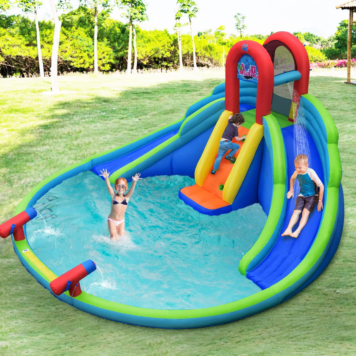 Inflatable Bounce House Kids Water Splash Pool Dual Slides