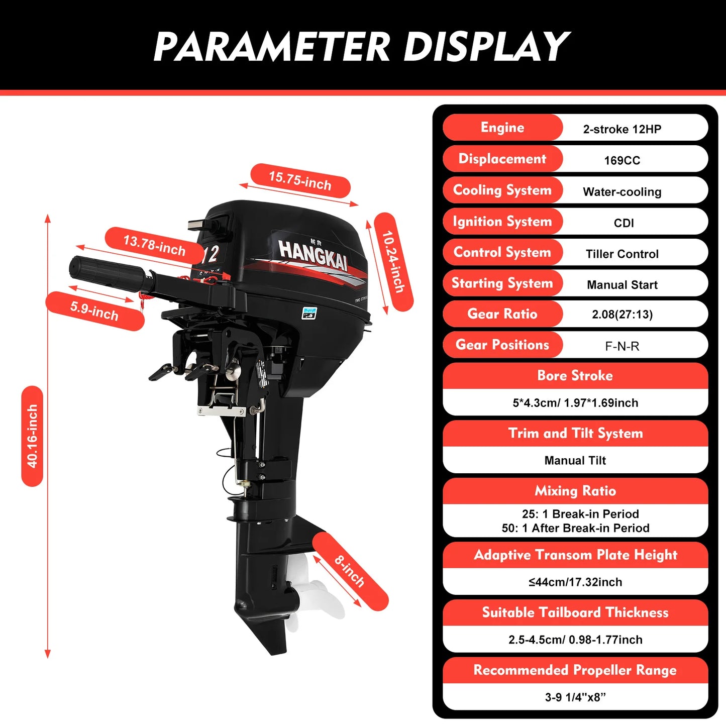 Hangkai 2 Stroke 12 hp Outboard Motor, 169CC 2 Stroke Outboard Motor