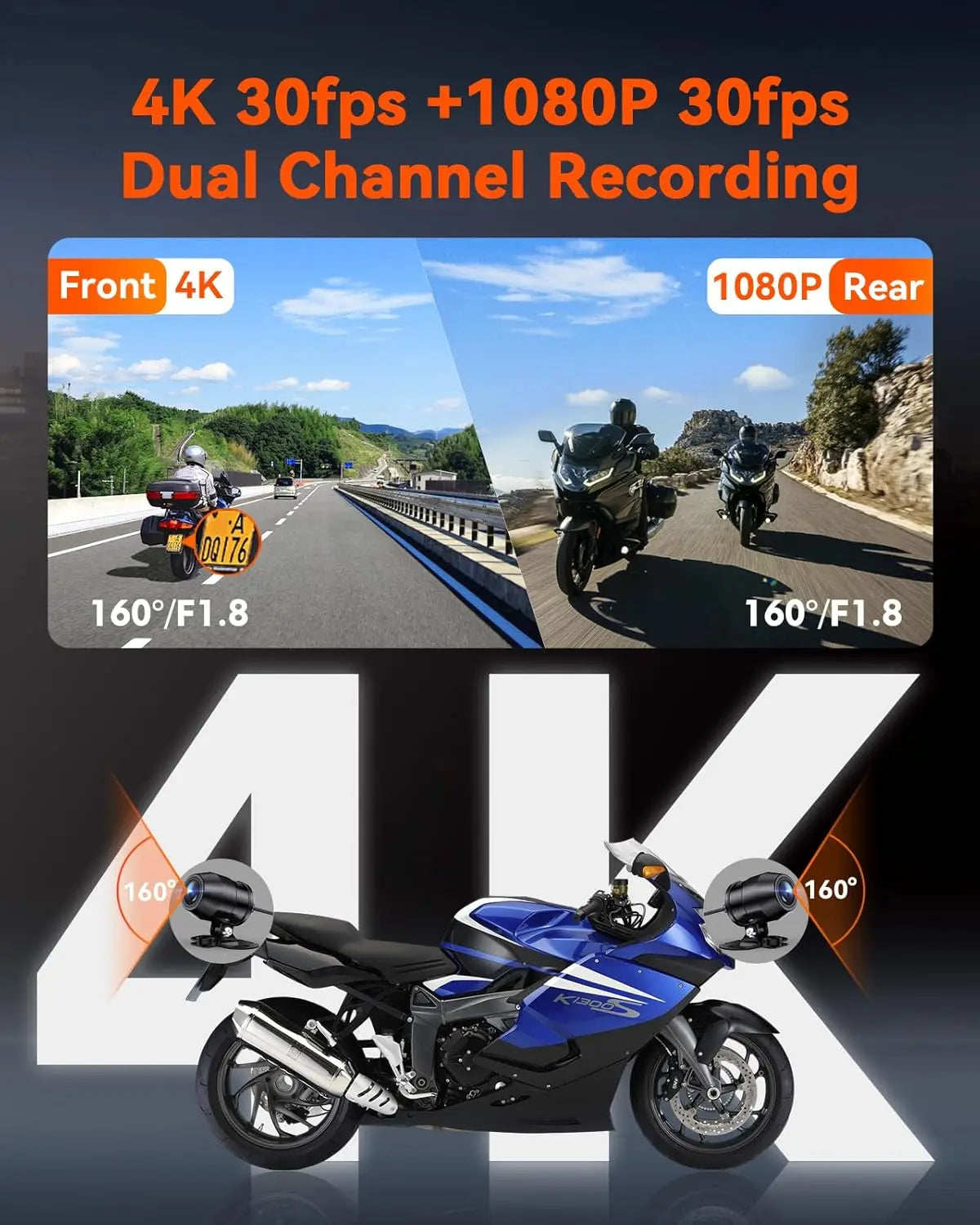 F1 Motorcycle 4K Front and Rear Dash Cam, 4K + 1080P Motorcycle Camera, GPS, Full Body Waterproof, Wi-Fi