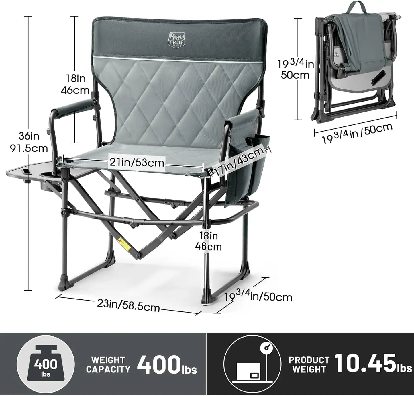 Heavy Duty Camping Chair with Compact Size, Portable Directors Chair with Side Table and Pocket