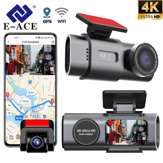 E-ACE 4K Dash Cam for Cars Dual Lens Camera DVR Video Recorder Auto Night Vision Black Box GPS Wi-Fi 24H Parking Mode