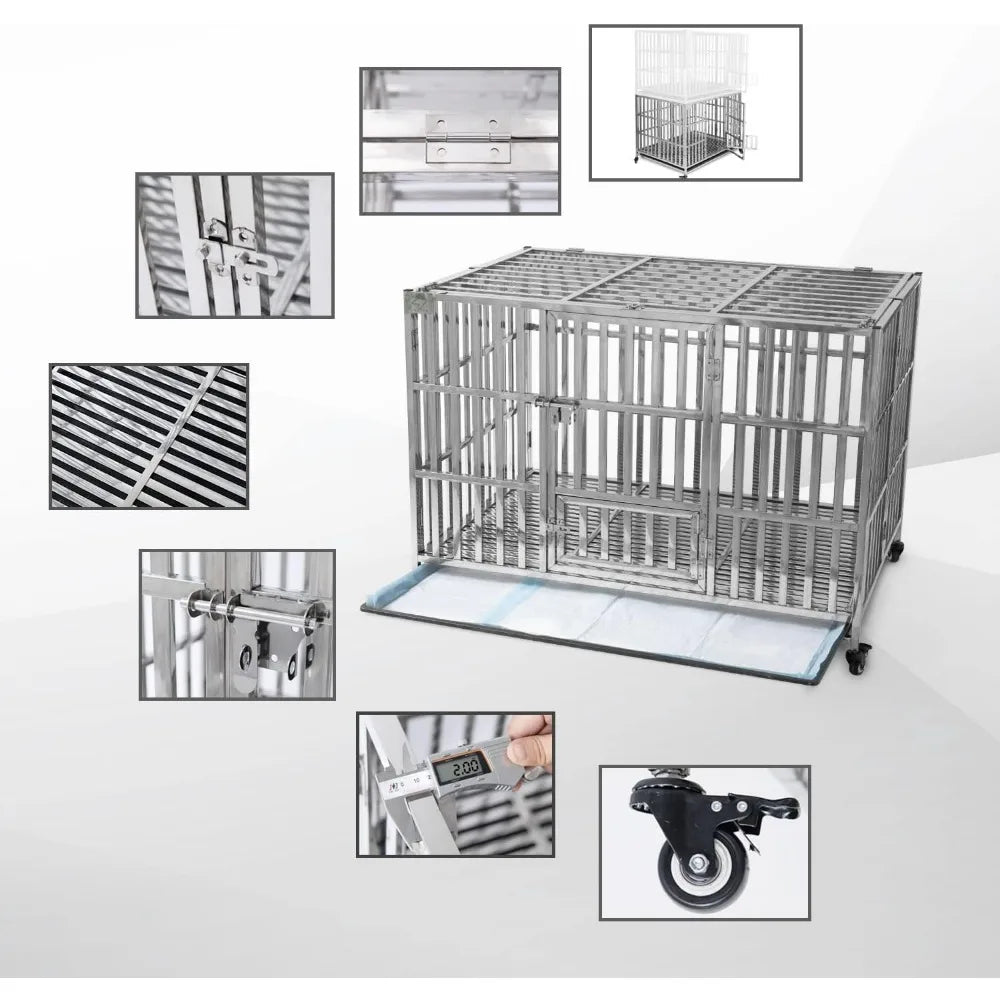 48" Stackable Heavy Duty Dog Crate Pet Stainless Steel Kennel Cage