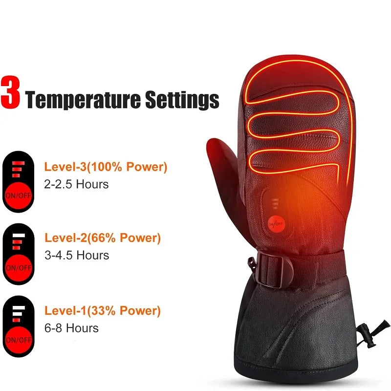 Winter Ski Snowboard Gloves Rechargeable Heated Thermal Leather Waterproof High Temperature Mittens