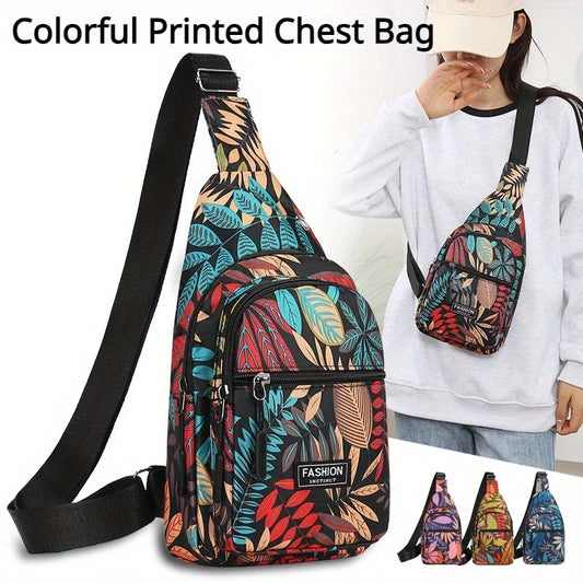 Colorful Floral Leaves Print Sling Backpack, Fashion Multi Pockets Crossbody Bag, Outdoor Travel Hiking Cycling Chest Bag