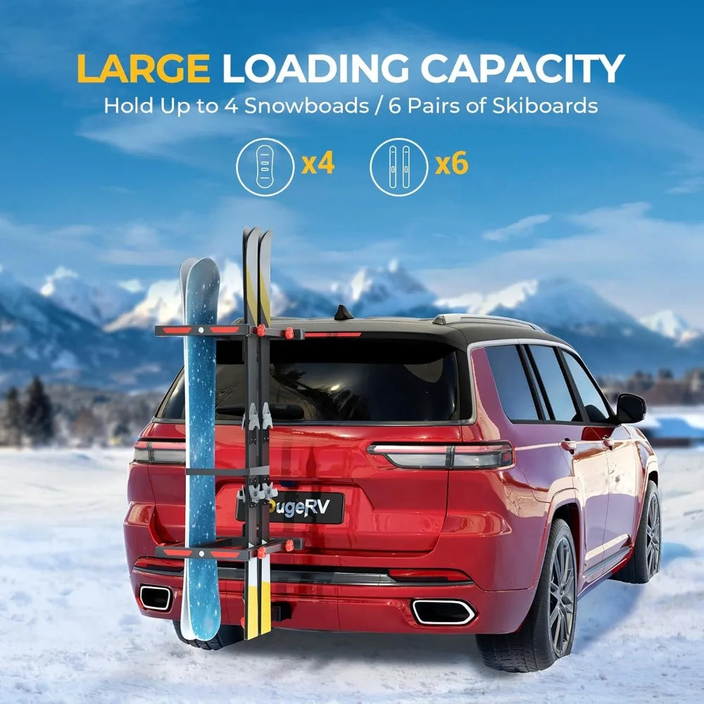 Hitch Ski Snowboard Rack with Security Lock Folding and Tilting for Trunk Access