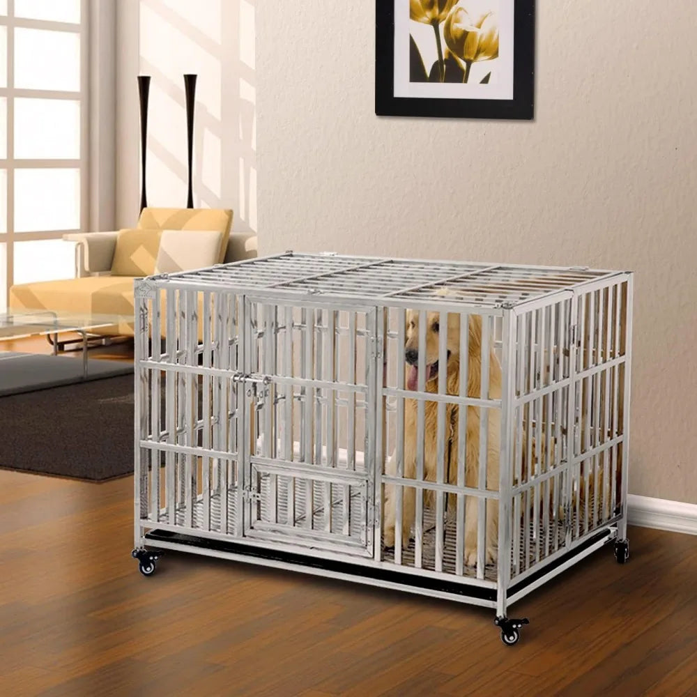 48" Stackable Heavy Duty Dog Crate Pet Stainless Steel Kennel Cage