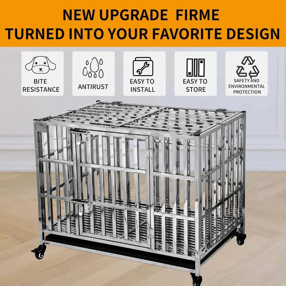 37" Stackable Heavy Duty Dog Crate Pet Stainless Steel Kennel Cage for Small Dogs  Foldable & Portable Freight Free