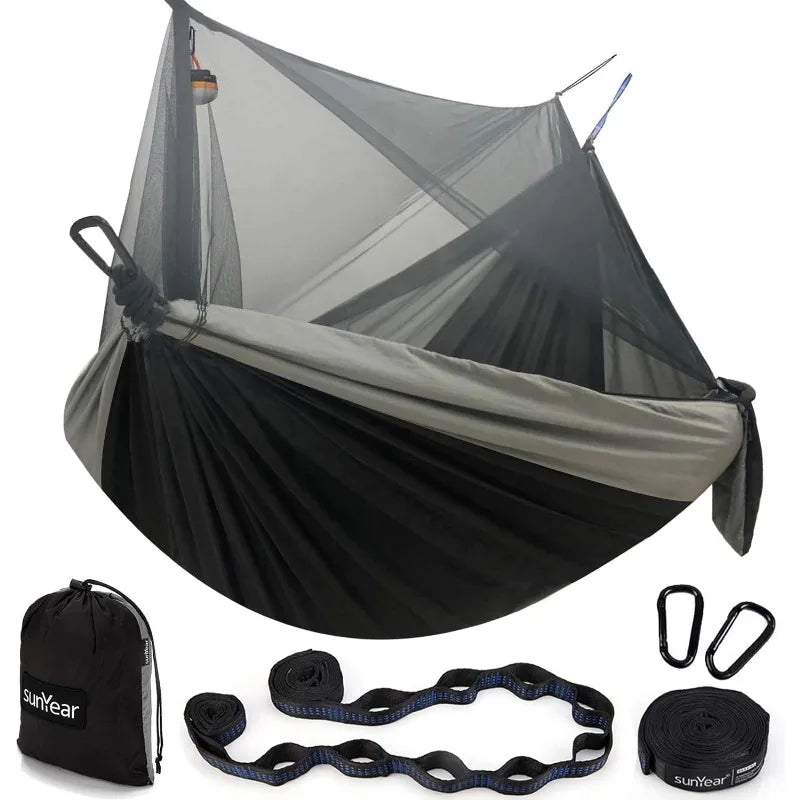 Hammock Camping with Rain Fly Tarp and Net, Portable Camping Hammock Double Tree Hammock