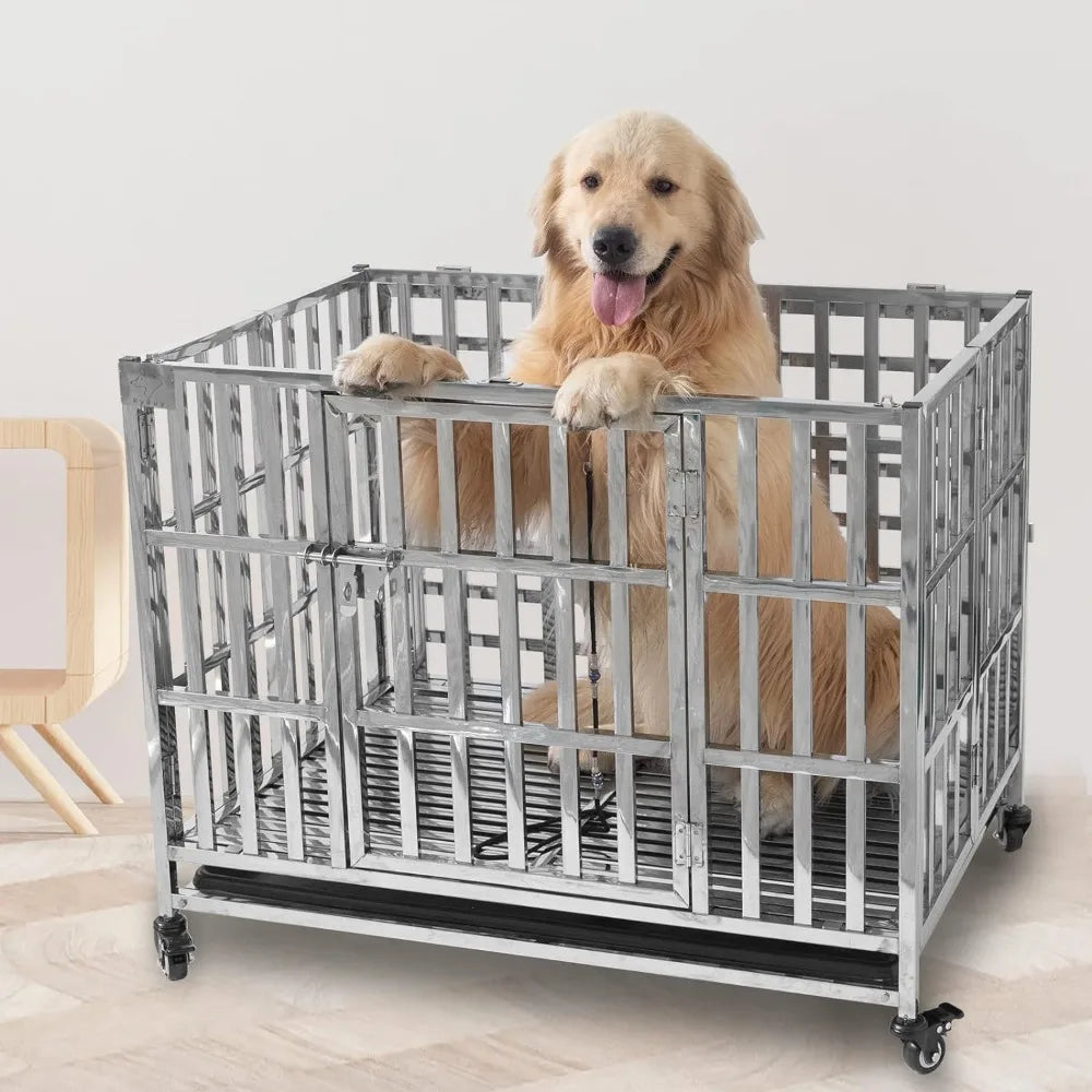 37" Stackable Heavy Duty Dog Crate Pet Stainless Steel Kennel Cage for Small Dogs  Foldable & Portable Freight Free