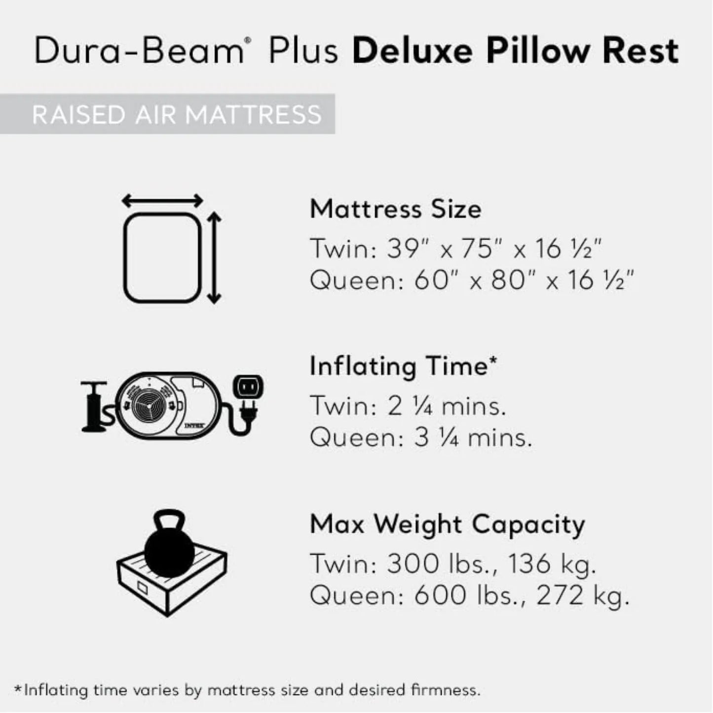 64135ED Dura-Beam Plus Deluxe Pillow Rest Air Mattress: Fiber-Tech– Queen Size – Built-in Electric Pump– 16.5in Bed Height