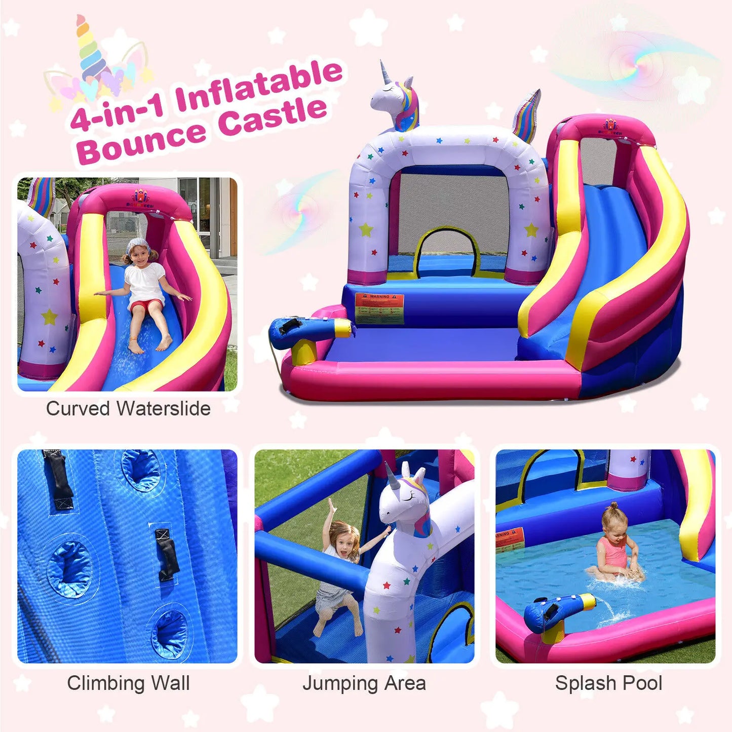 Costway Unicorn Theme Inflatable Water Slide Kids Bounce Castle w/ 480W Air Blower