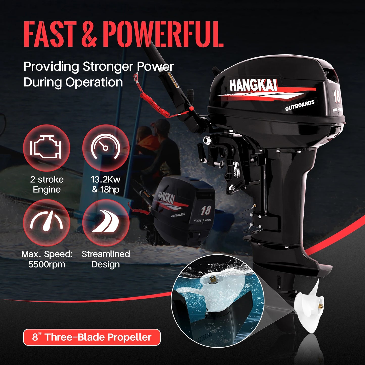 HANGKAI 18HP 2-Stroke Outboard Motor Boat Engine Water Cooling & CDI Short Shaft