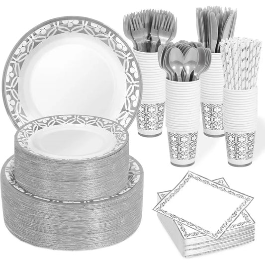 480 PCS Silver Paper Disposable Dinnerware Sets for 60s Guests