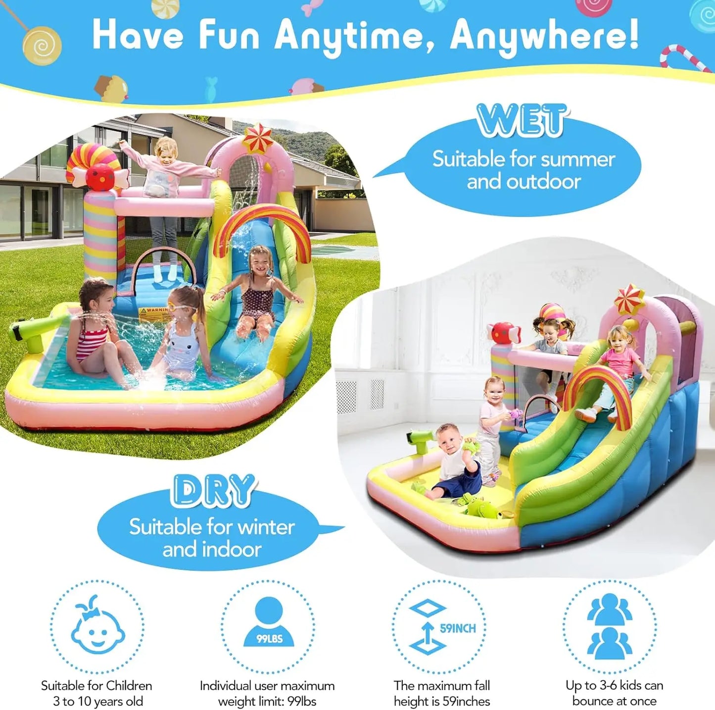 Bounce House Water Slide, 6 in 1 Sweet Candy Water Park