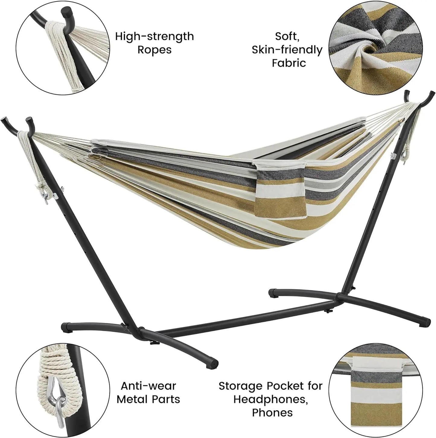 Double Hammock w/Stand, 2-People Hammock & Stand Set w/Storage Bag & Carrying Bag, Outdoor/Indoor Heavy-Duty Portable Hammock