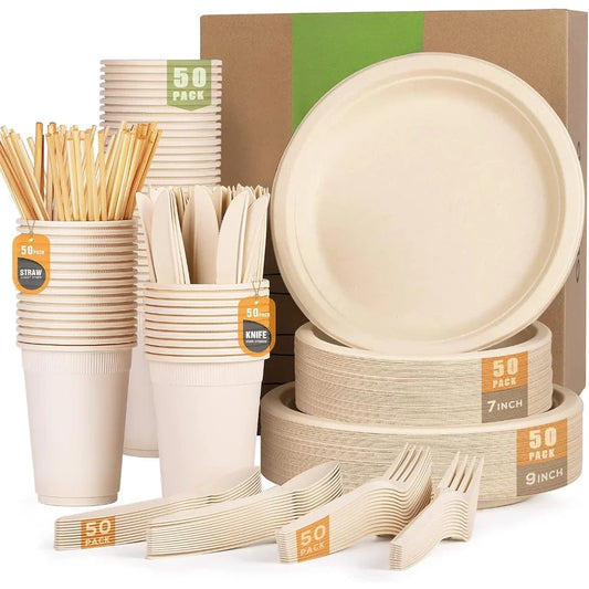 350pcs Compostable Paper Plates Set