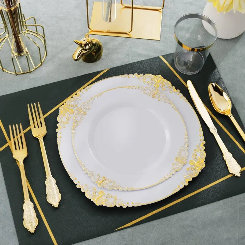 350PCS White and Gold Plastic Plates - Gold Plastic Dinnerware Set