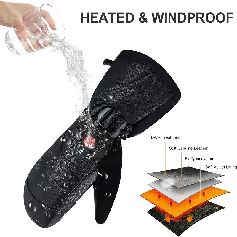 Winter Ski Snowboard Gloves Rechargeable Heated Thermal Leather Waterproof High Temperature Mittens