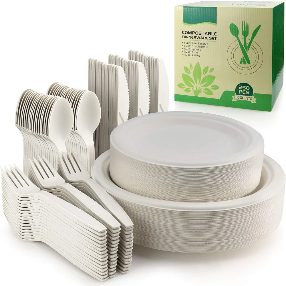 250 Piece (50 Sets) Biodegradable Paper Plates Set (EXTRA LONG UTENSILS)