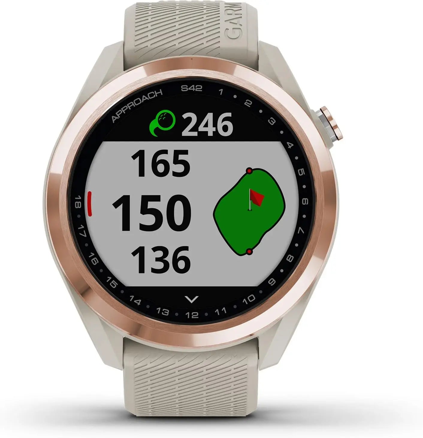 Garmin Approach S42, GPS Golf Smartwatch, 1.2" Touchscreen,42k+ Preloaded Courses, Rose Gold Ceramic Bezel and Tan Silicone Band