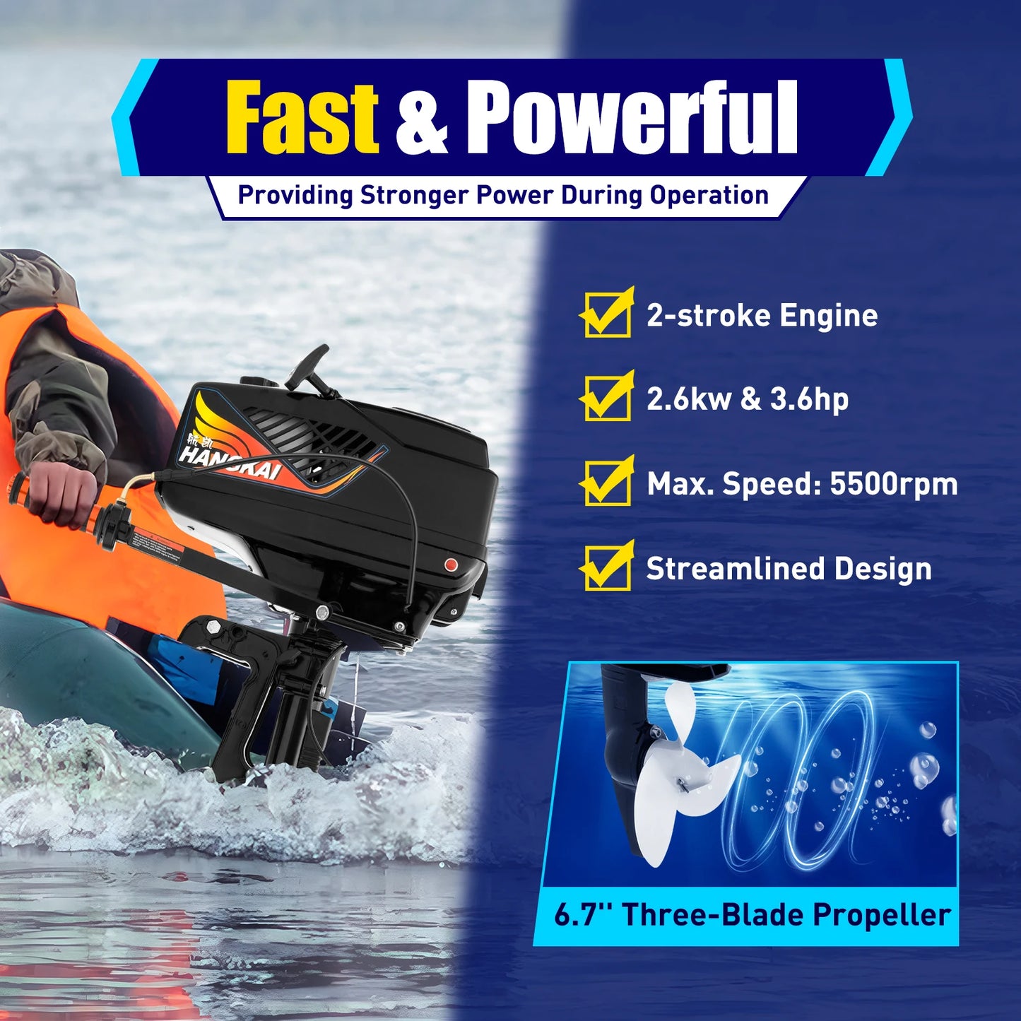 3.6HP 2 Stroke Outboard Motor, Water-Cooled Boat Motor, Manual Start