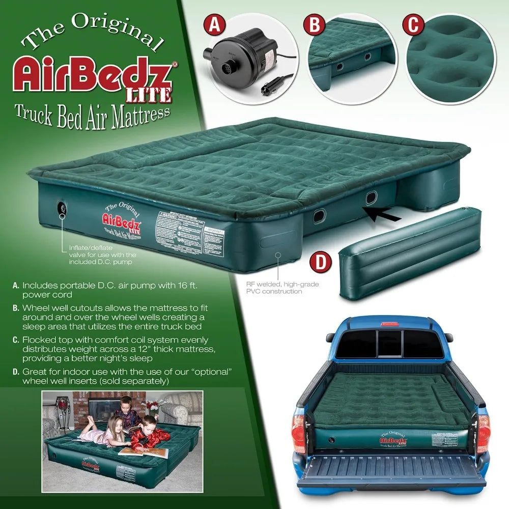 Full Size, Short 6'-6.5' Truck Bed Air Mattress with DC Corded Pump (76"x63"x12" Inflated)