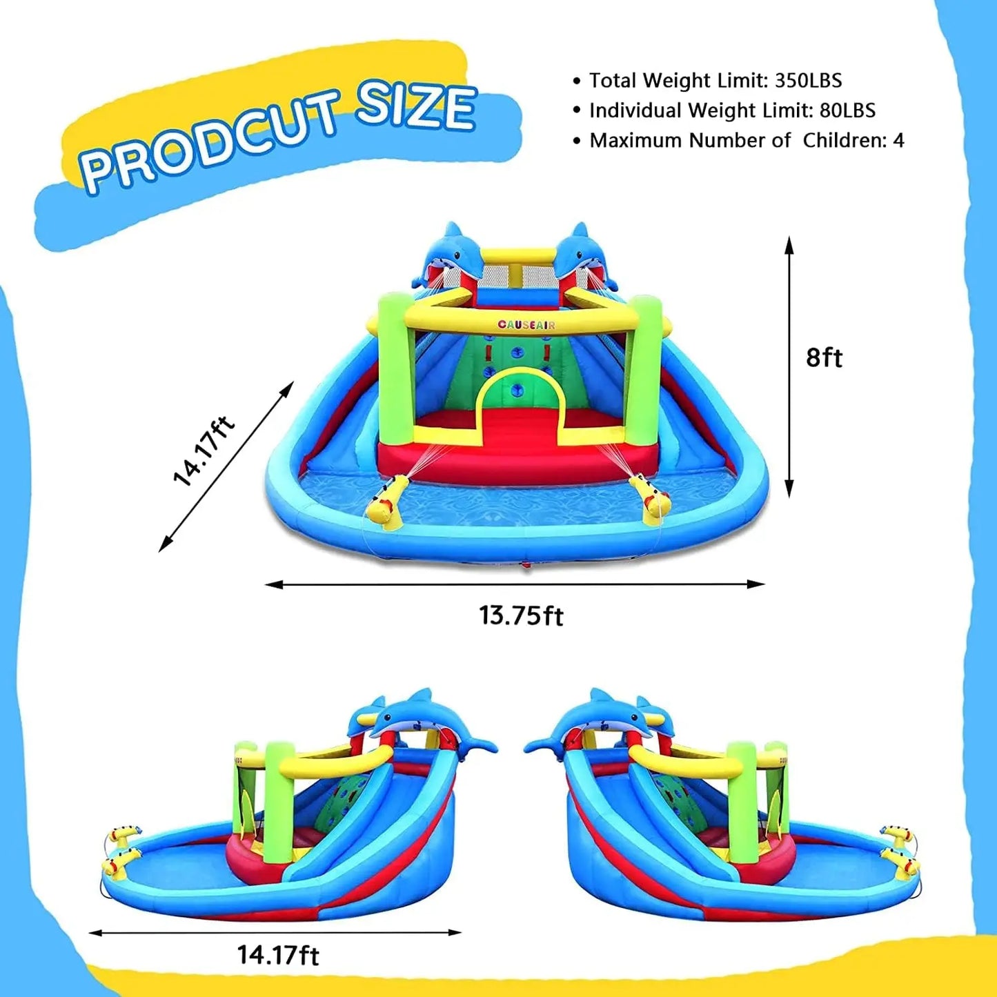 Inflatable Water Slide with Bounce House Dolphin Styling,Splashing Pool Double Water Cannon