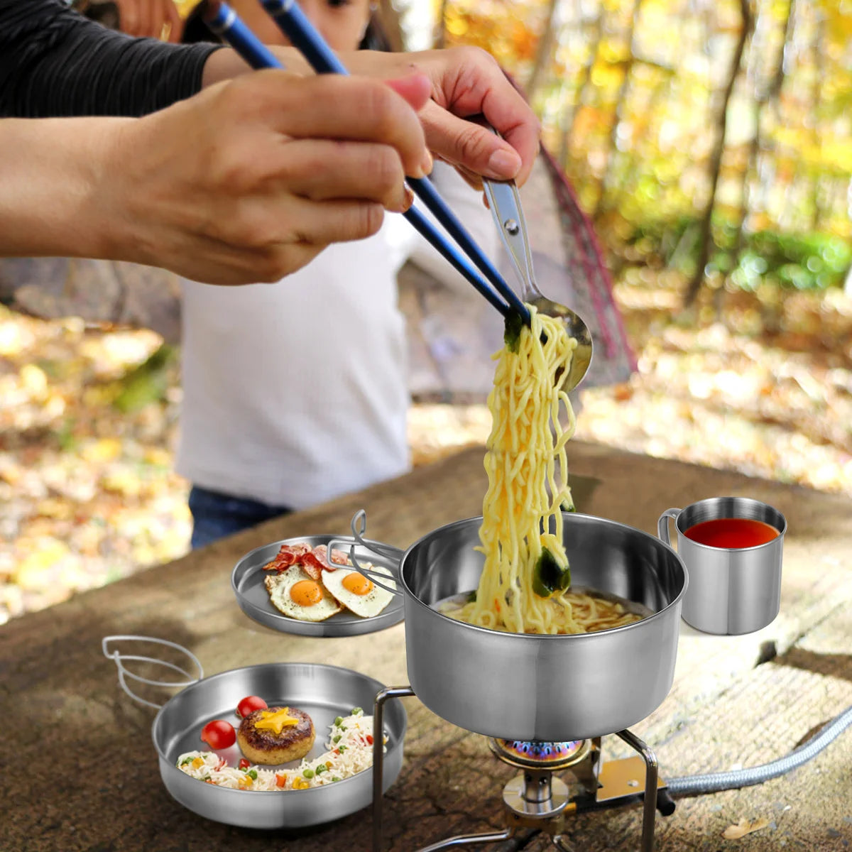 Stainless Steel Pan Cooking Tool Portable Camping Kettle Cookware Sets