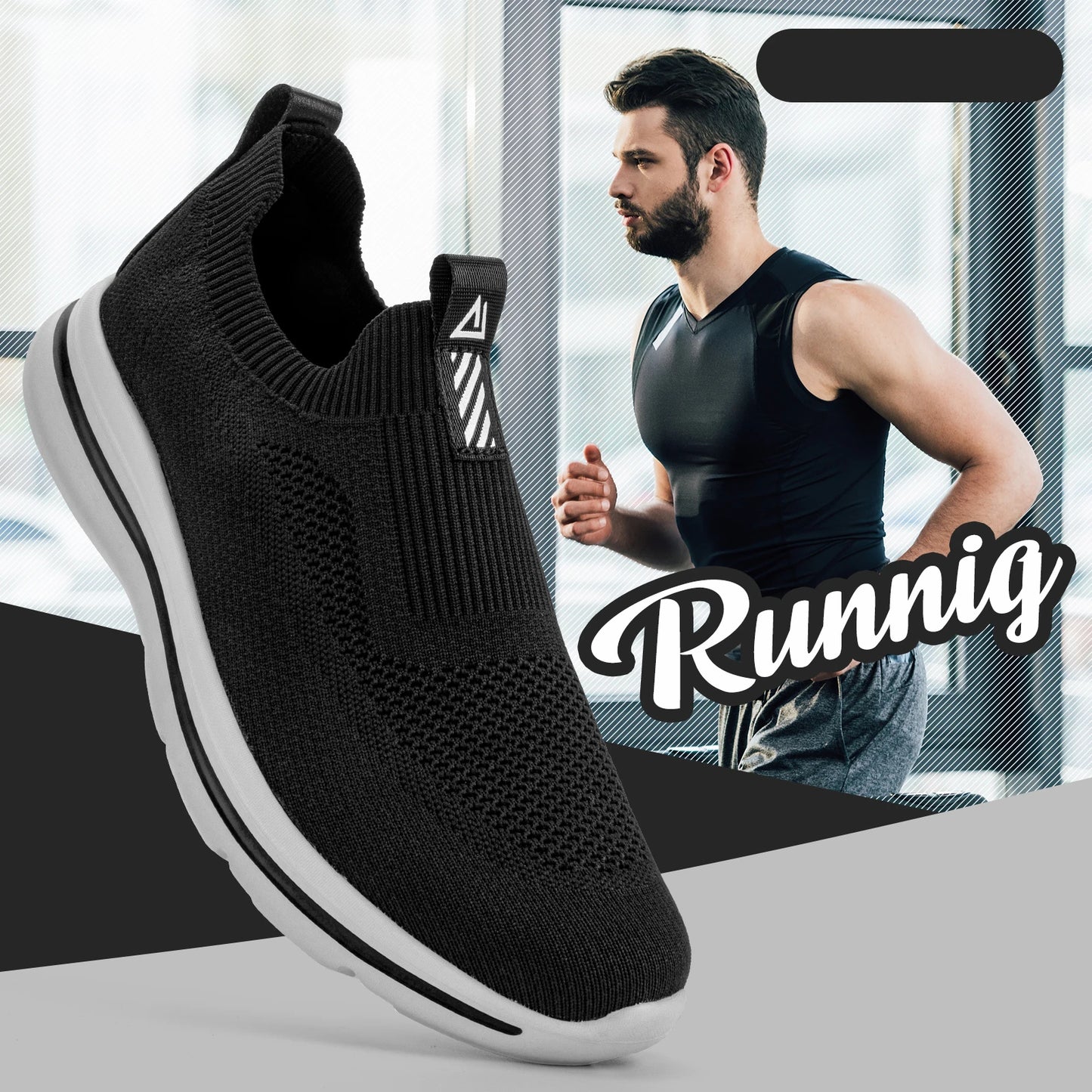 Men Sneakers Walking Shoes for Man Black Slip On Casual Shoes Athletic Lightweight Breathable Mesh Knit Running Shoes