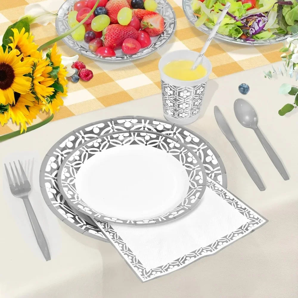 480 PCS Silver Paper Disposable Dinnerware Sets for 60s Guests