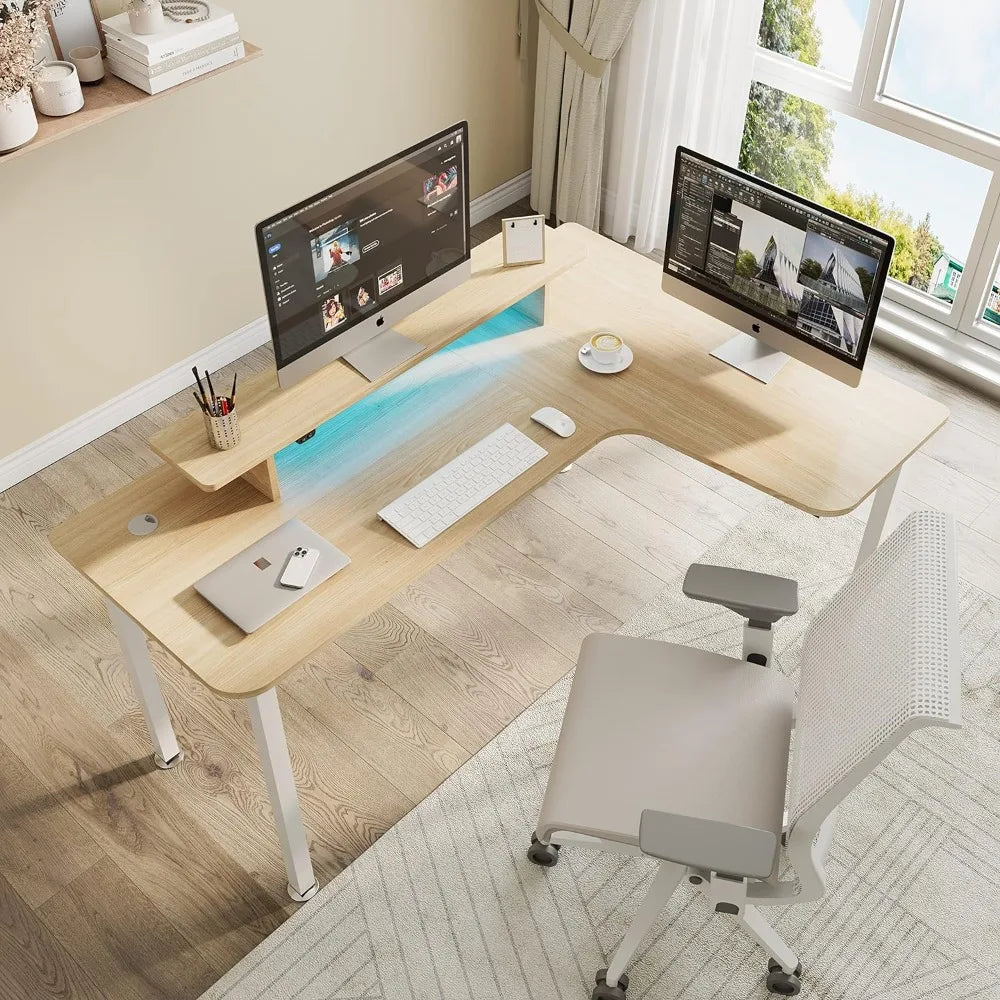 L Shaped Computer Desk with Monitor Shelf LED Light