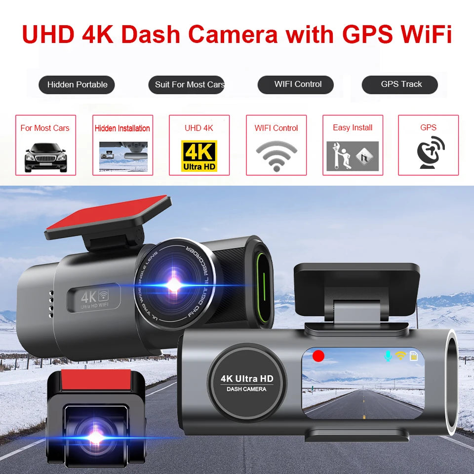 E-ACE 4K Dash Cam for Cars Dual Lens Camera DVR Video Recorder Auto Night Vision Black Box GPS Wi-Fi 24H Parking Mode