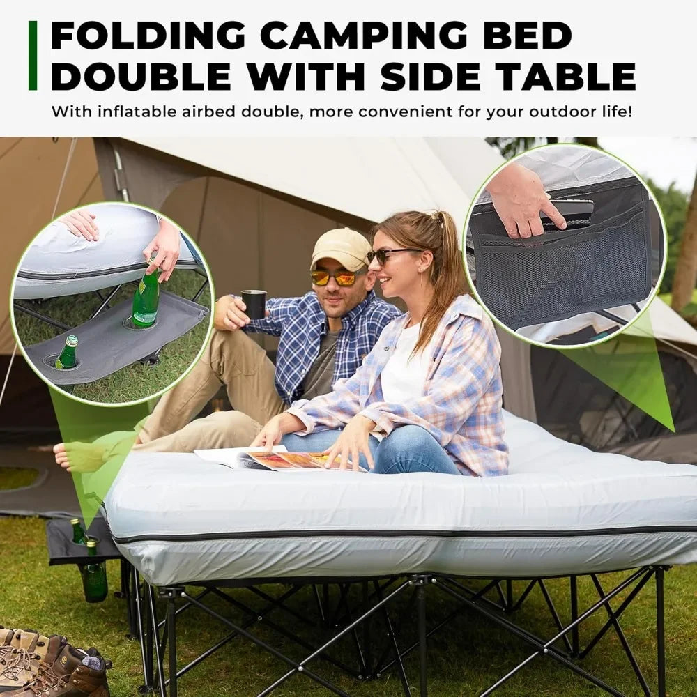 Camping Cot for Adults 2 Person W/Inflatable Air Mattress, Portable Folding Camping Bed