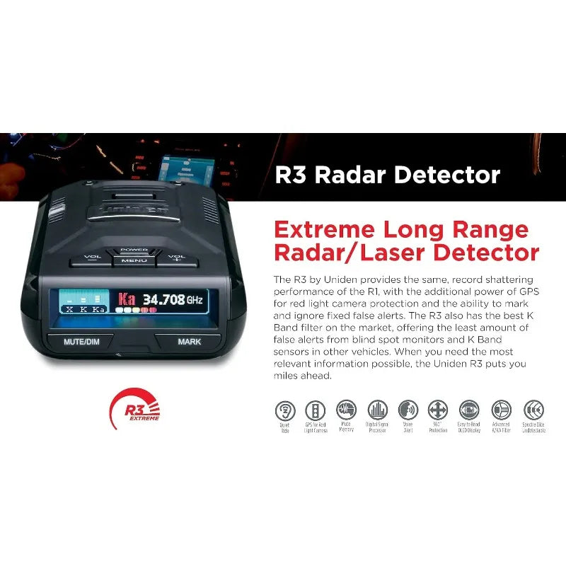 Black Uniden R3 EXTREME LONG RANGE Laser/Radar Detector, Record Shattering Performance, Built-in GPS w/ Mute Memory,Voice Alerts