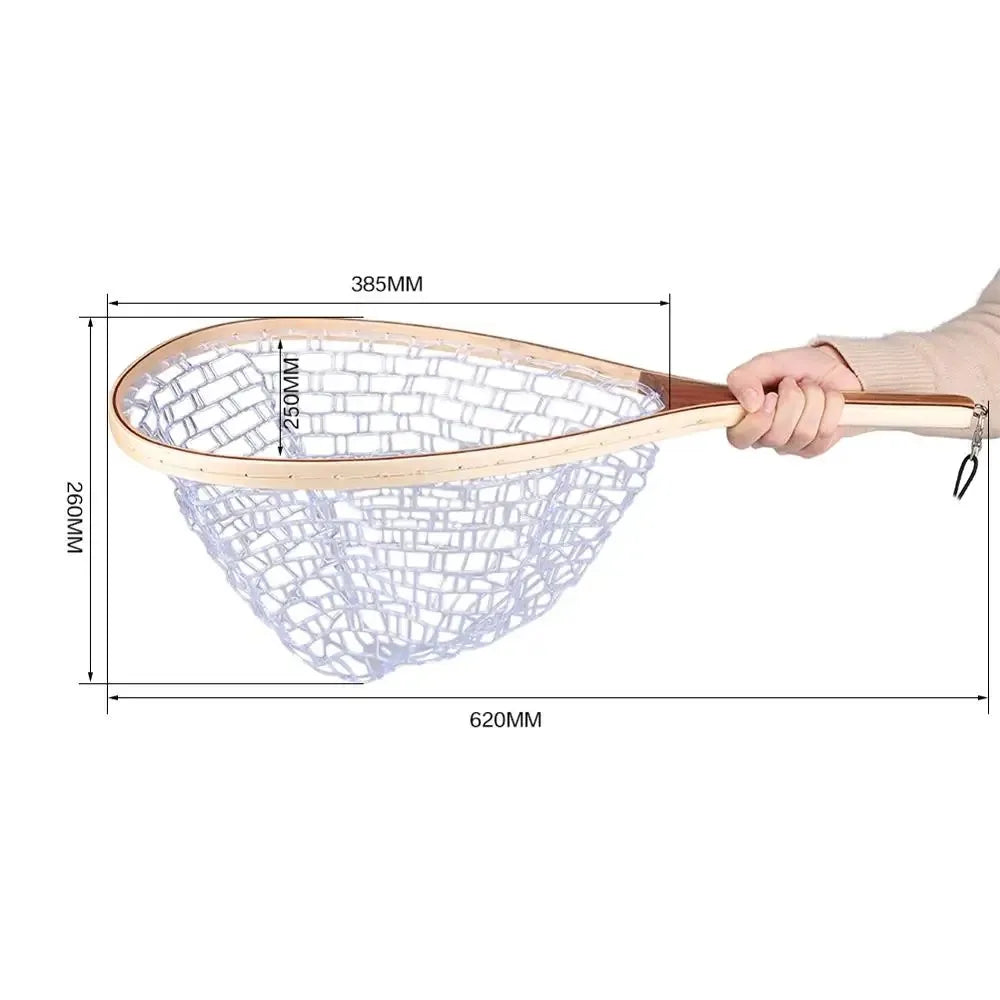 Landing Fish Net Fishing Hand Nets with Clear Rubber Mesh Netting Wooden Handle Fly Fishing Equipment for Catch and Release