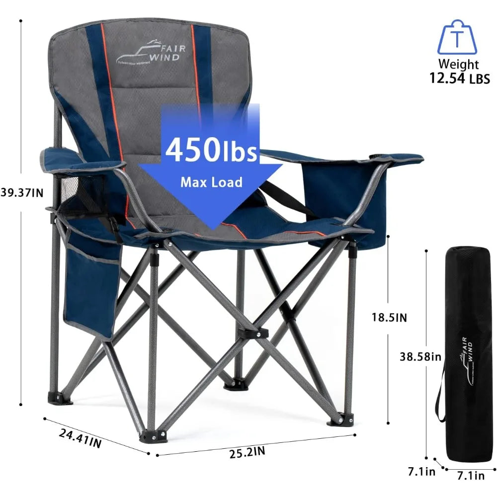 Padded Camping Chair with Lumbar Support, Heavy Duty Quad Fold Arm Chair with Cooler Bag