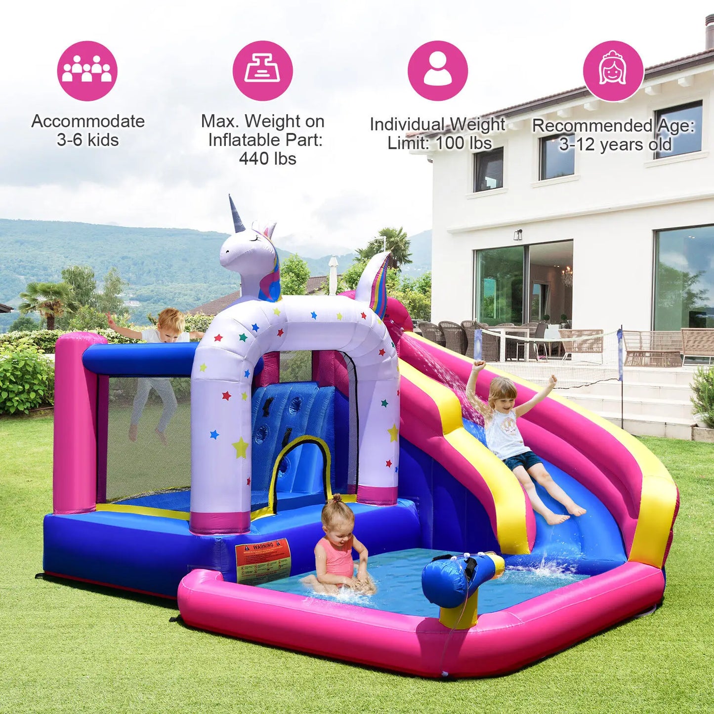 Costway Unicorn Theme Inflatable Water Slide Kids Bounce Castle w/ 480W Air Blower