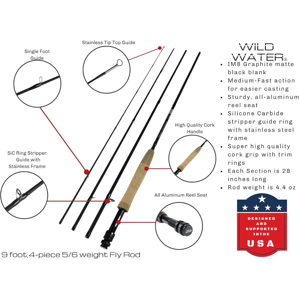 Deluxe Fly Fishing Combo Starter Kit, 5 or 6 Weight 9 Foot Fly Rod, 4-Piece Graphite Rod with Cork Handle