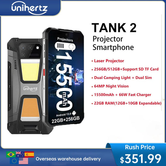 Unihertz TANK 2 Projector phone 22GB 256/512GB 32MP 108MP 64MP Night Vision Double Camping Light 15500mAh G99 Support TF SD NFC