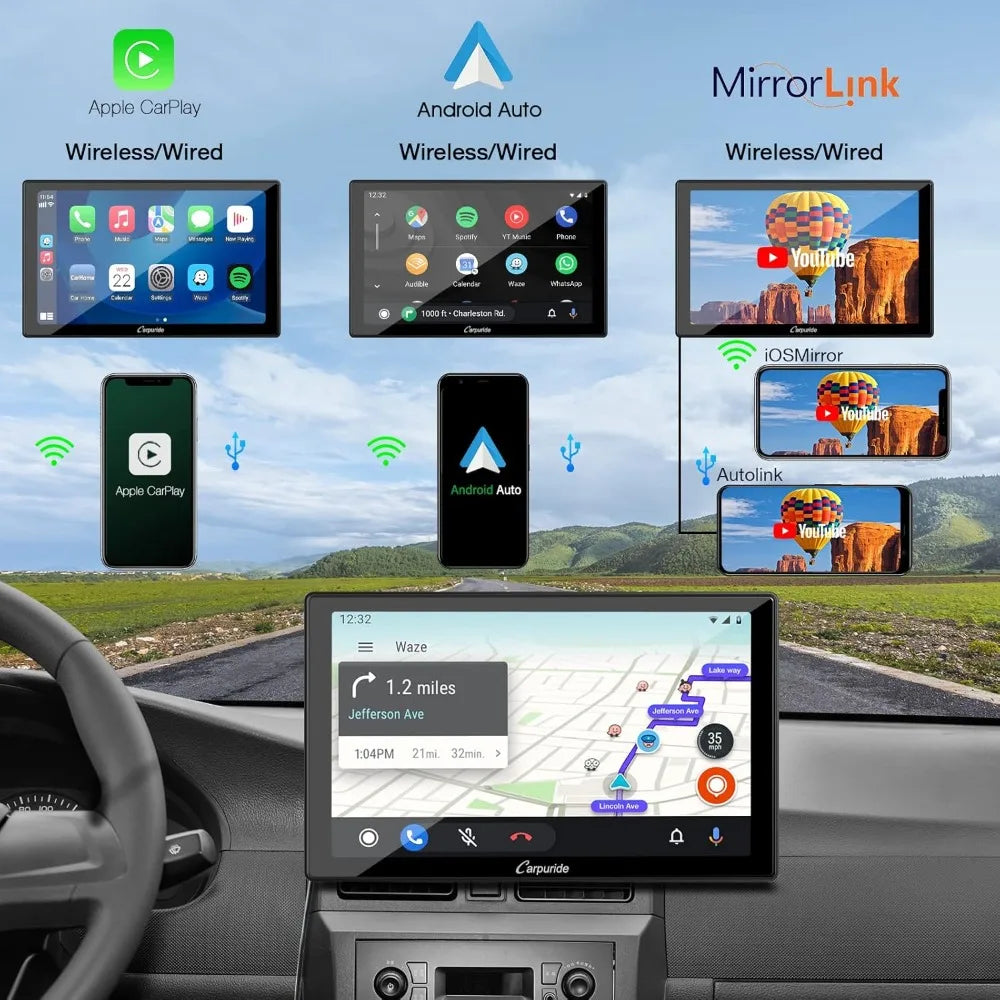 Portable Carplay & Android Auto with Dula Bluetooth, 9 inch 1080P Touch Screen, Mirror Link/GPS/Siri/FM