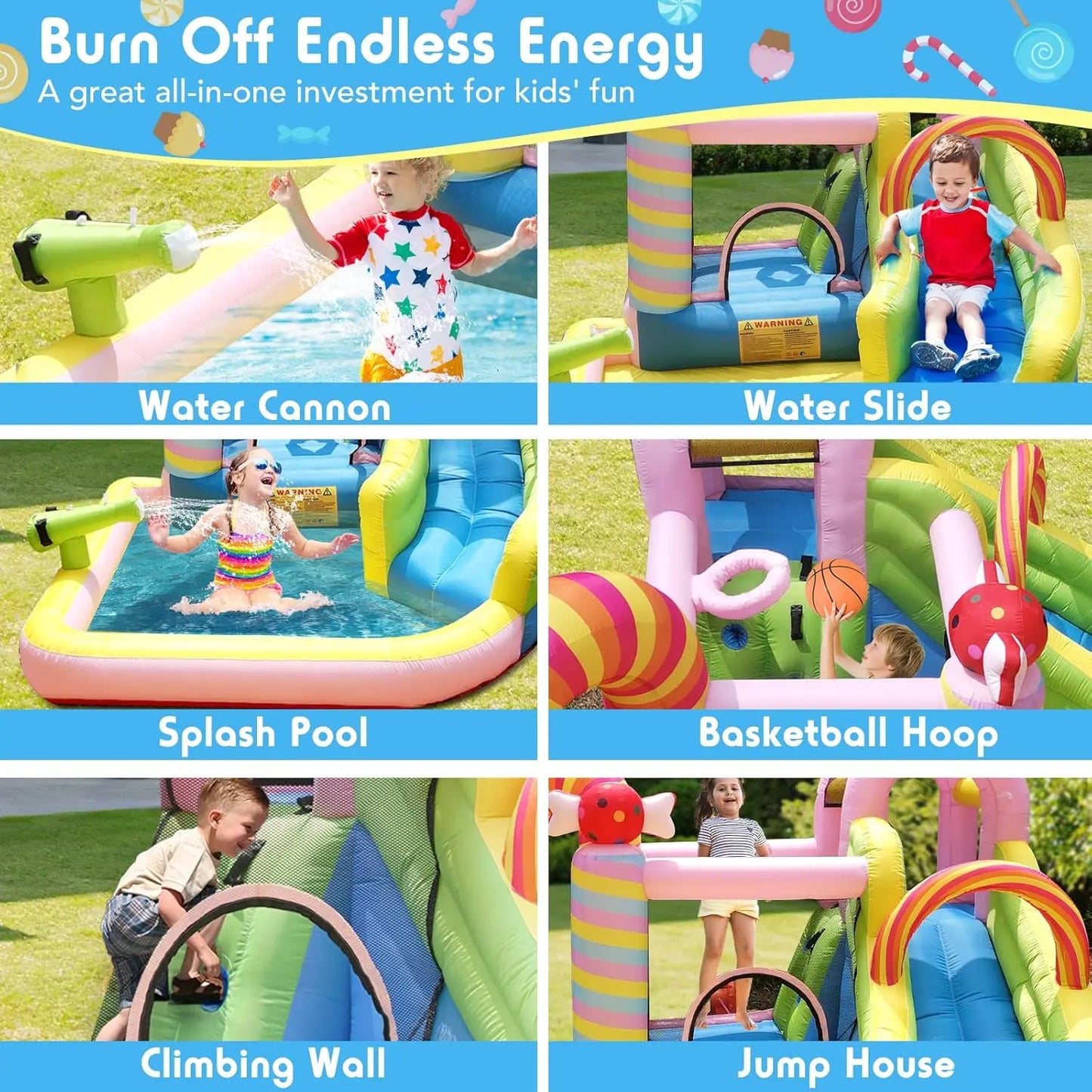 Bounce House Water Slide, 6 in 1 Sweet Candy Water Park