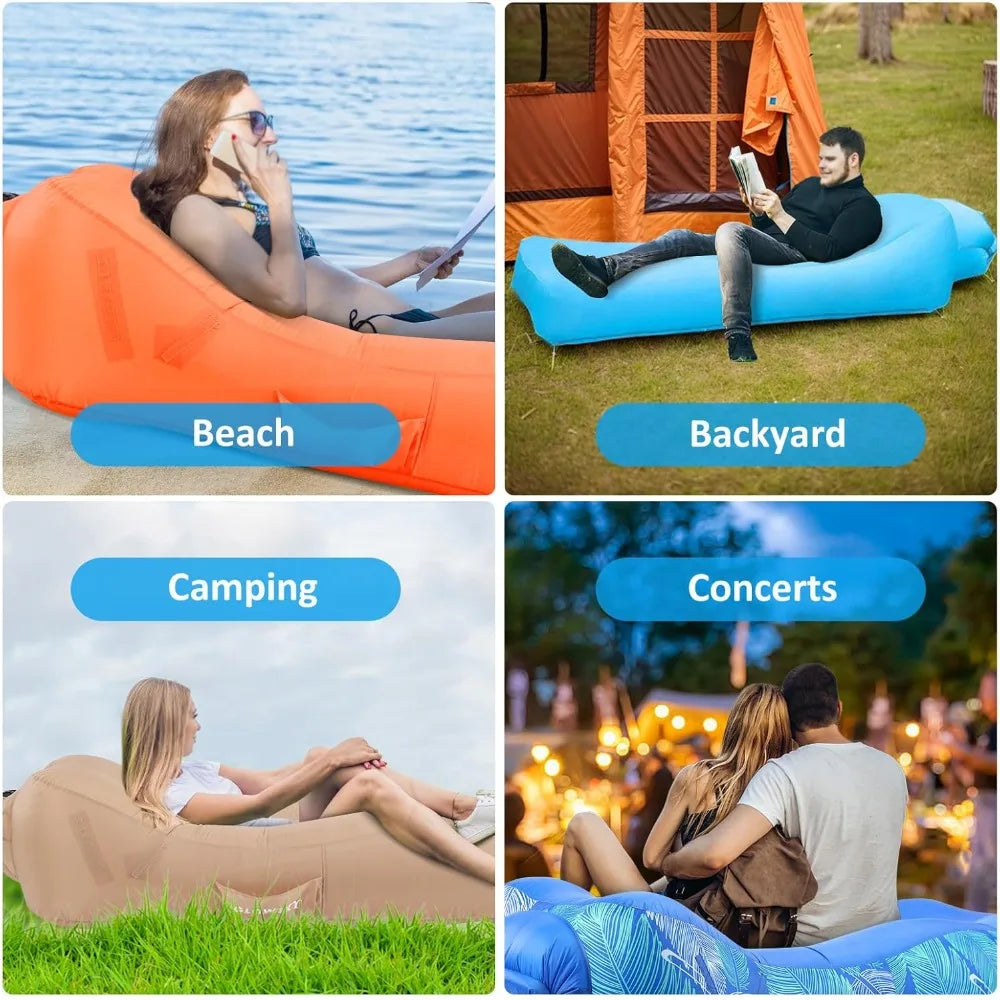 Inflatable Lounger Air Sofa with Unique Sun-shade Design, Inflatable Beach Bed with Pillow