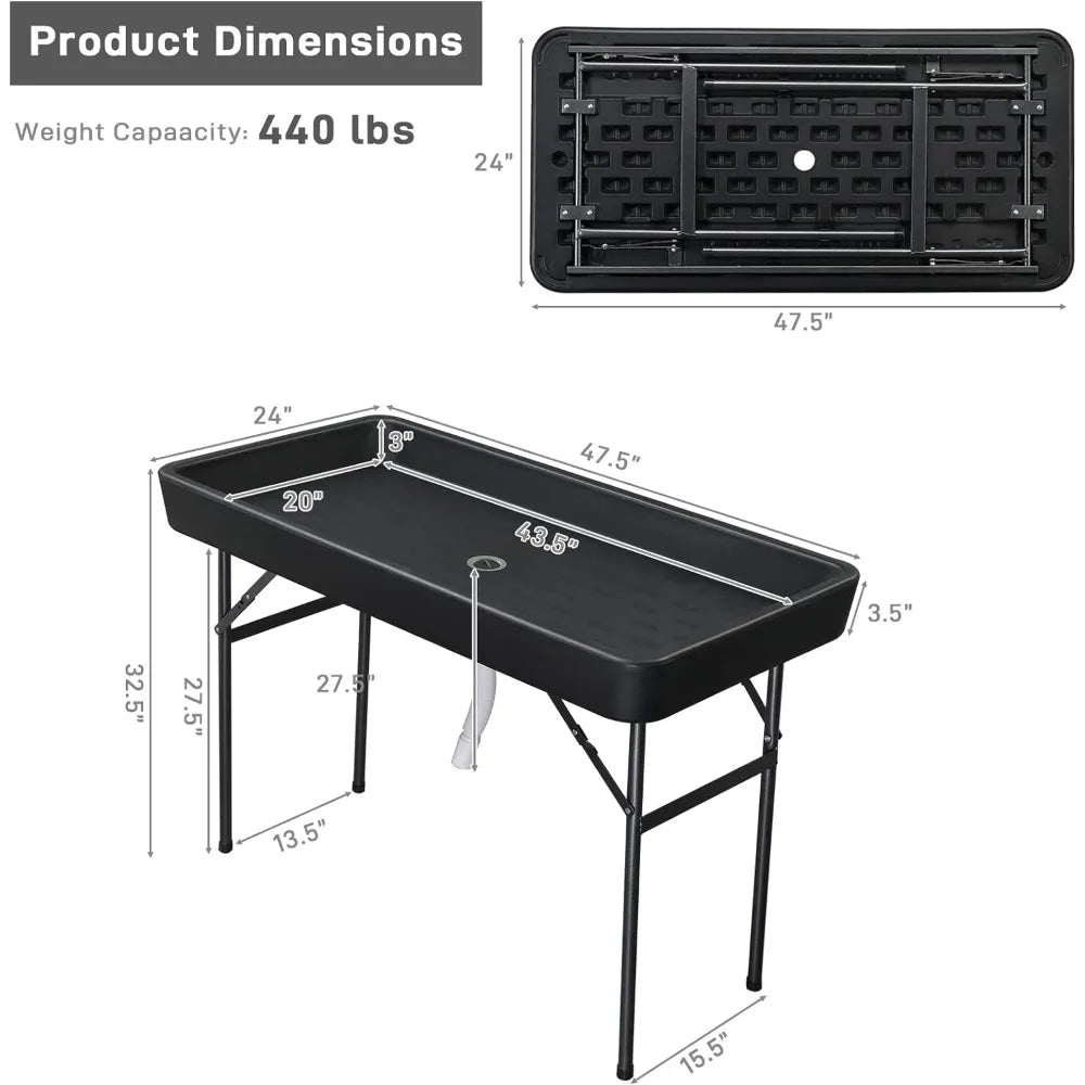 4 Foot Party Ice Cooler Folding Table, Portable Tailgate Camp Fishing Cleaning Table, Plastic with Matching Skirt