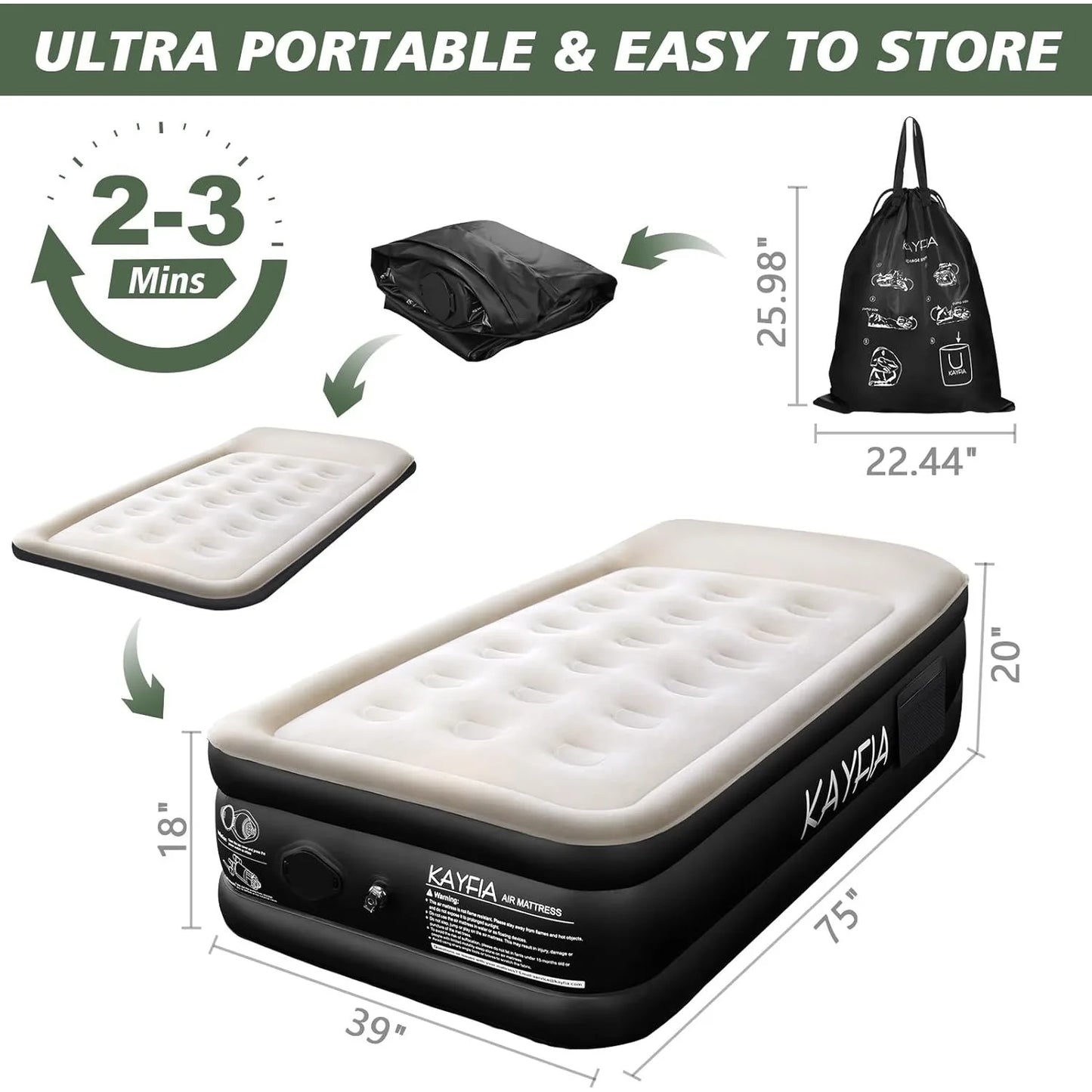 Twin Air Mattress with Built-in Rechargeable Pump Quick Set up Inflatable Mattress under 3 Mins