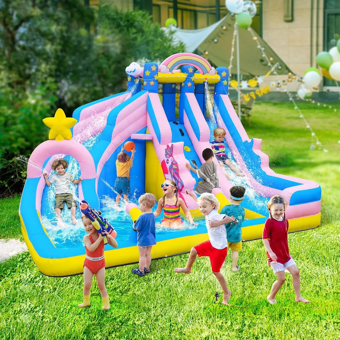 Inflatable Water Slide: 6 in 1 Bounce House Water Park